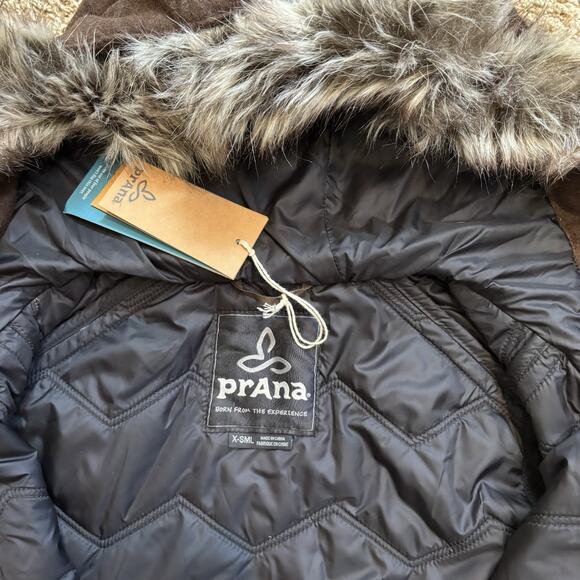 Prana Calla Vest Women XS Scorched Brown Wool Blend Faux Fur Detachable Hood NEW - Picture 2 of 7